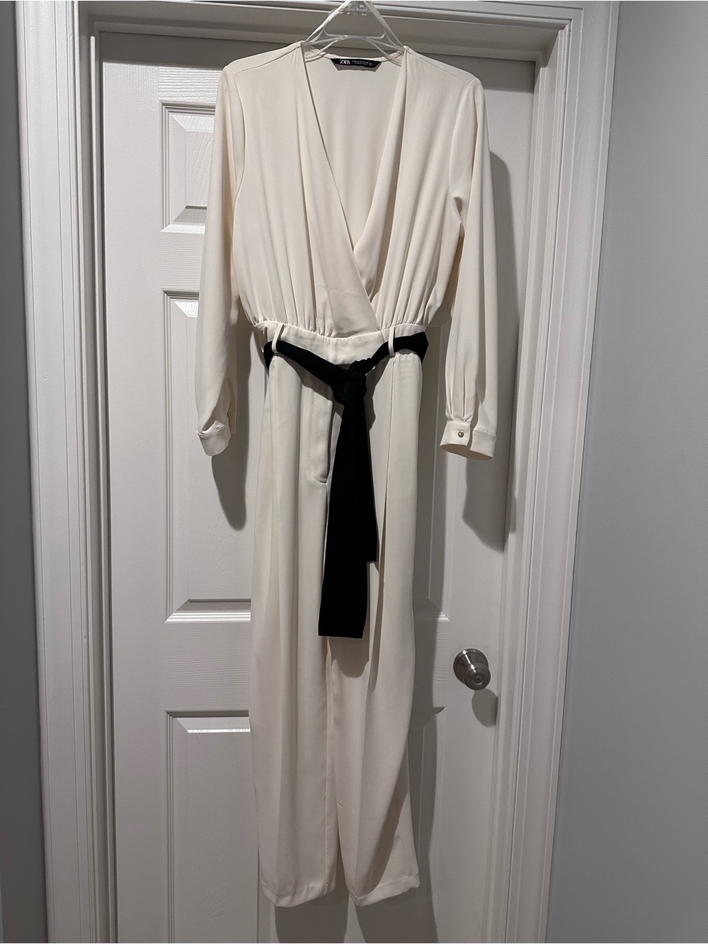 Zara Cream Cross body Jumpsuit with Black tie belt